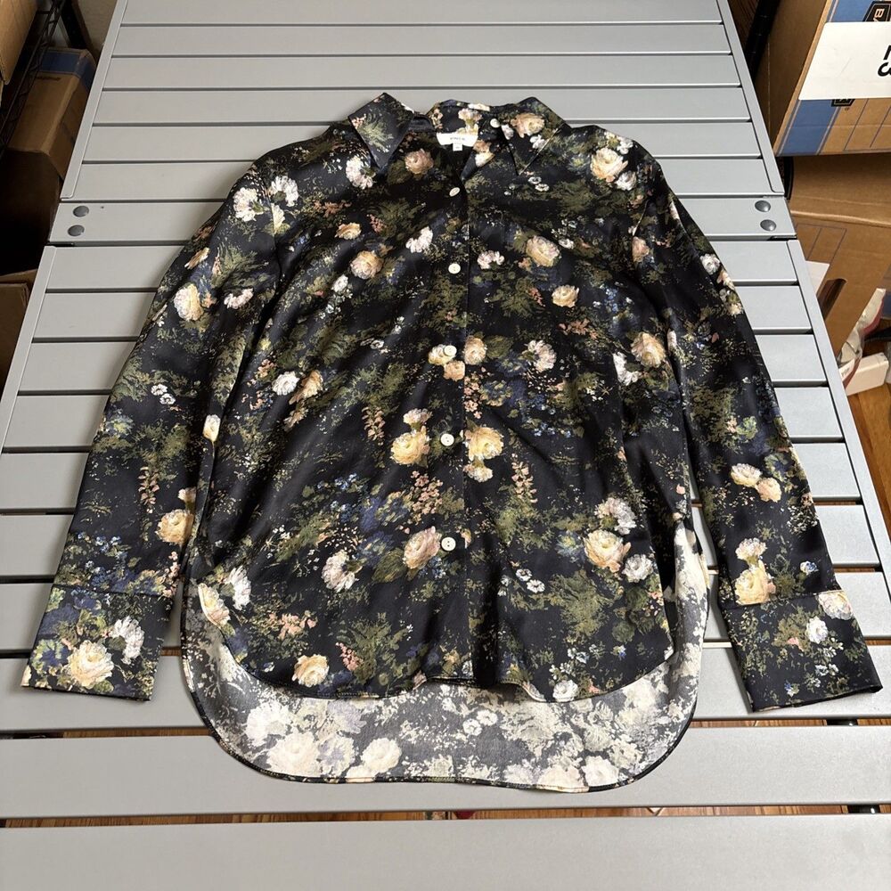 Vince Blouse Womens Size XS Floral 100% Silk Black Long Sleeve Collared - Picture 2 of 9